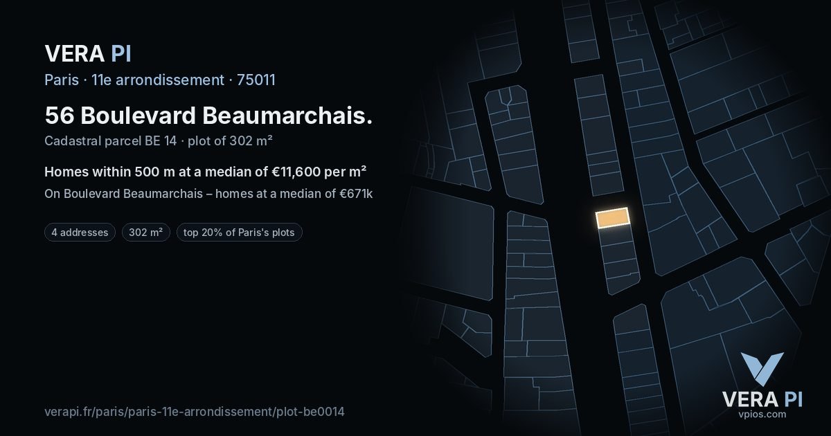 56 Boulevard Beaumarchais, 11e arrondissement at night – the plot lit, the parcels around coloured by the prices near them