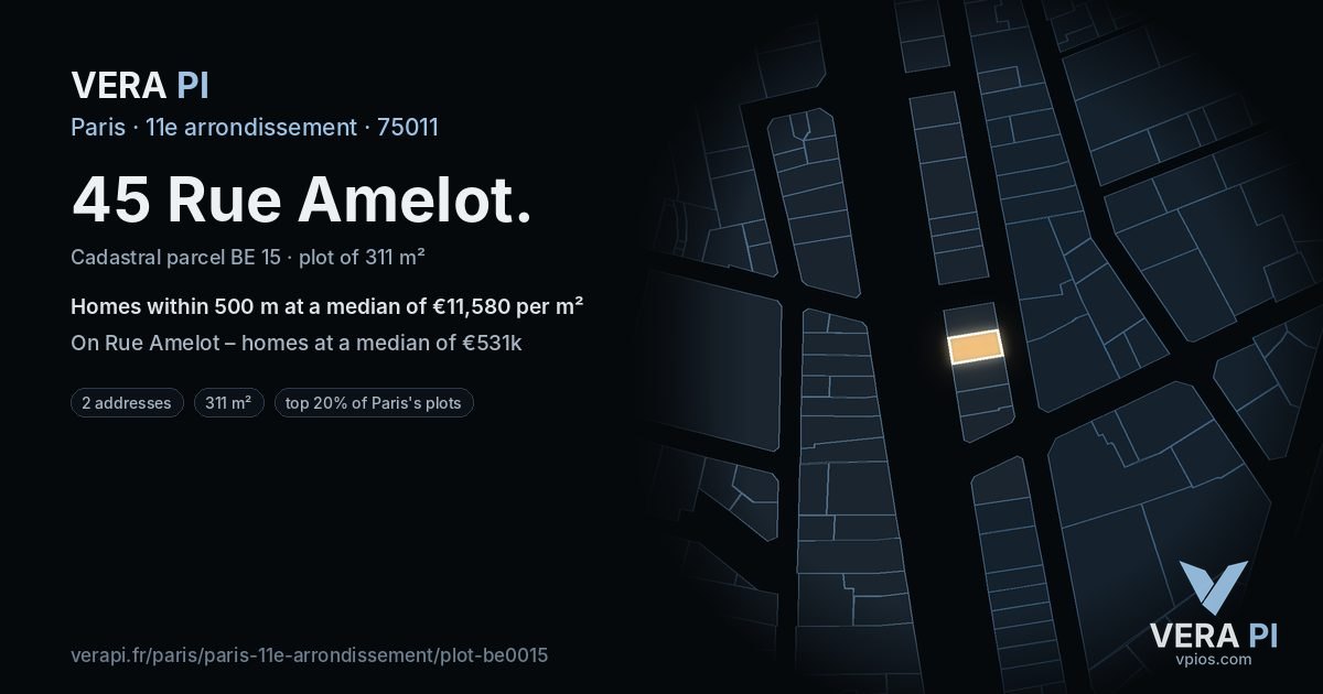 45 Rue Amelot, 11e arrondissement at night – the plot lit, the parcels around coloured by the prices near them