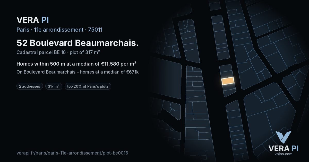 52 Boulevard Beaumarchais, 11e arrondissement at night – the plot lit, the parcels around coloured by the prices near them