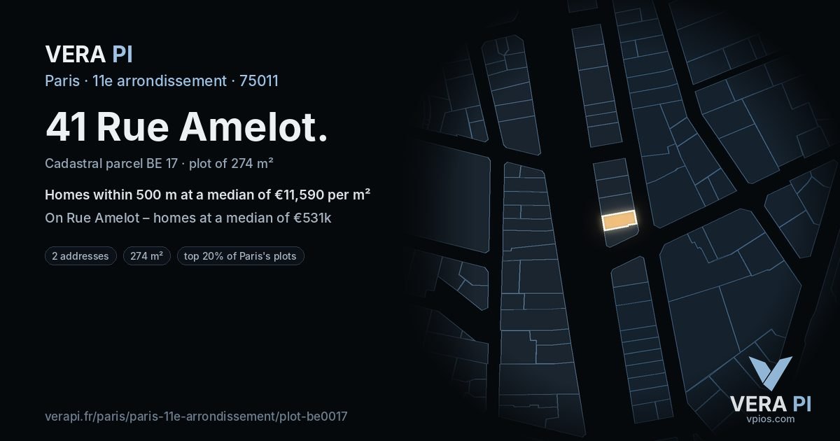 41 Rue Amelot, 11e arrondissement at night – the plot lit, the parcels around coloured by the prices near them