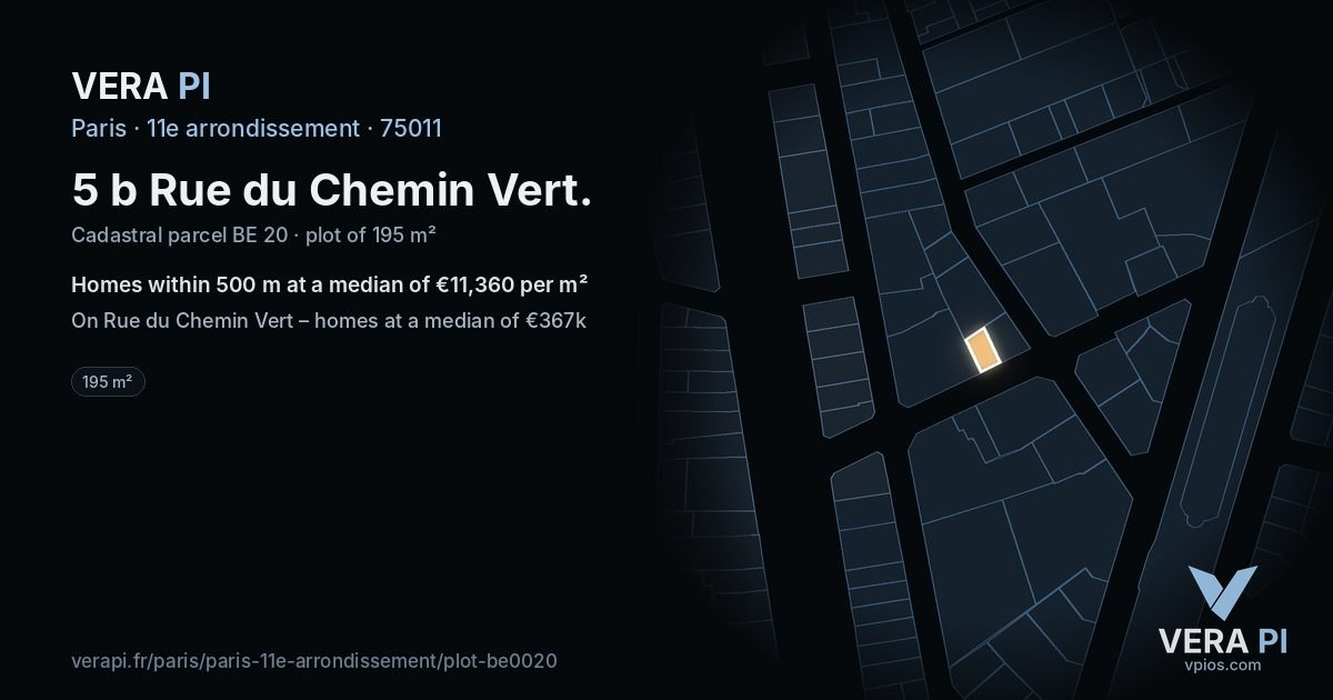 5 b Rue du Chemin Vert, 11e arrondissement at night – the plot lit, the parcels around coloured by the prices near them