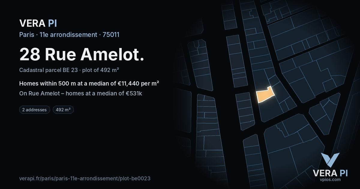 28 Rue Amelot, 11e arrondissement at night – the plot lit, the parcels around coloured by the prices near them