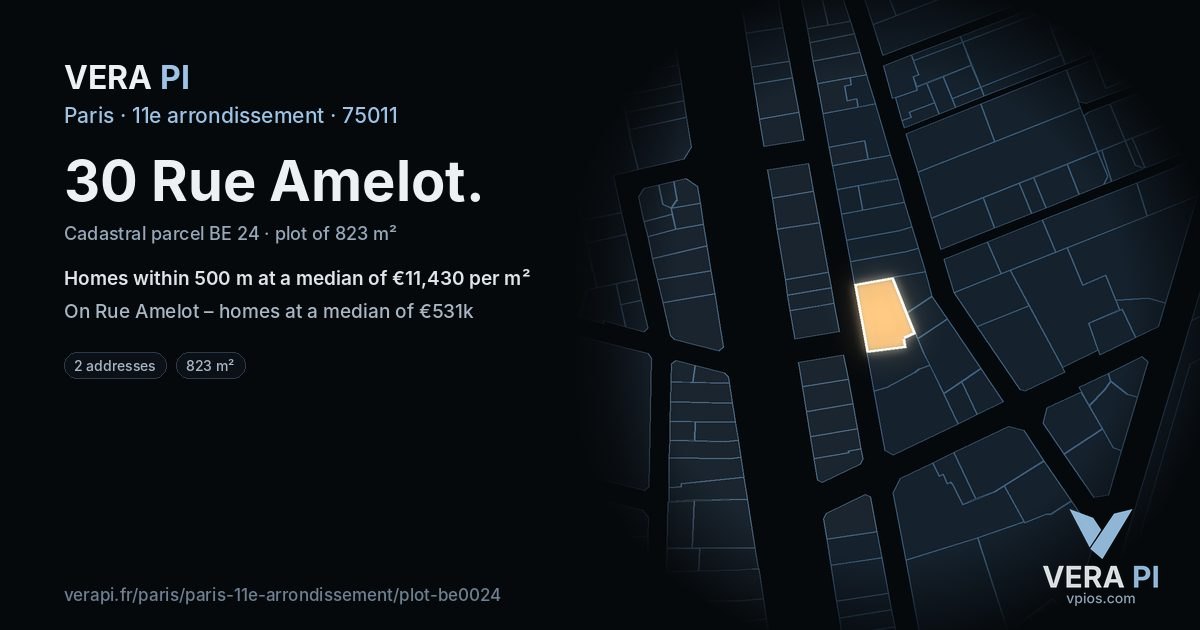 30 Rue Amelot, 11e arrondissement at night – the plot lit, the parcels around coloured by the prices near them