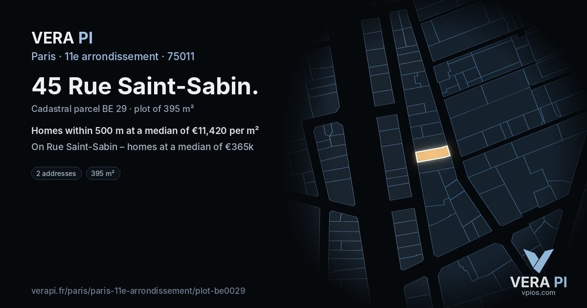 45 Rue Saint-Sabin, 11e arrondissement at night – the plot lit, the parcels around coloured by the prices near them