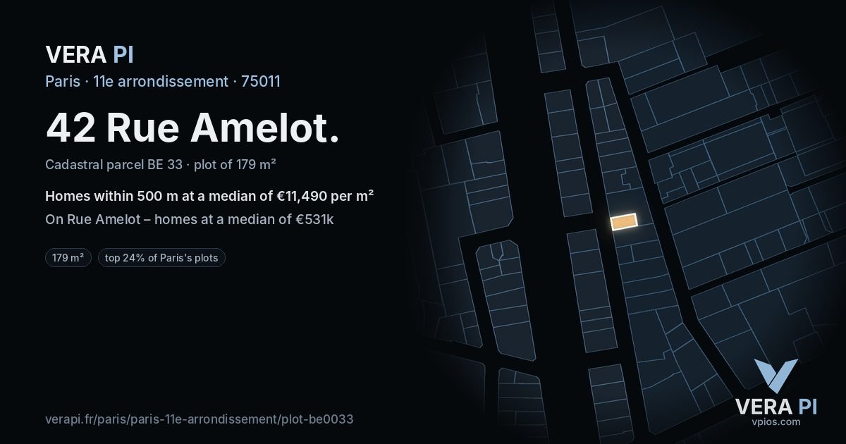42 Rue Amelot, 11e arrondissement at night – the plot lit, the parcels around coloured by the prices near them