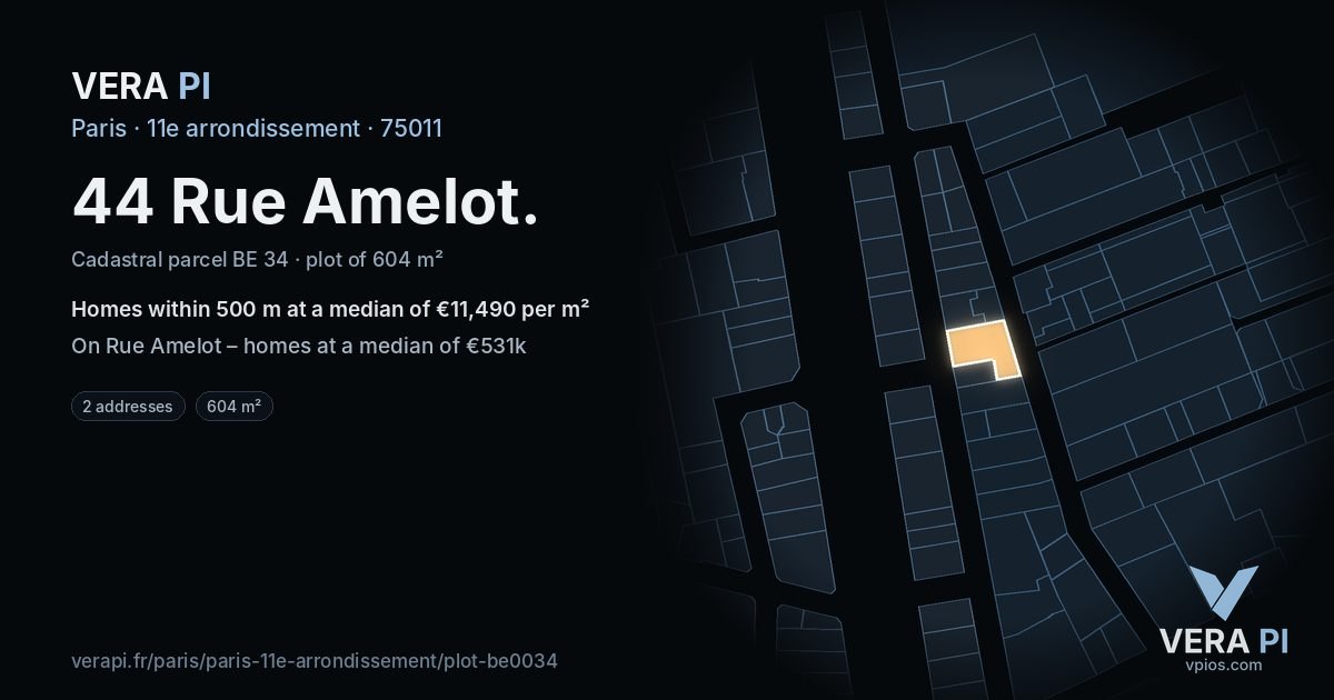 44 Rue Amelot, 11e arrondissement at night – the plot lit, the parcels around coloured by the prices near them