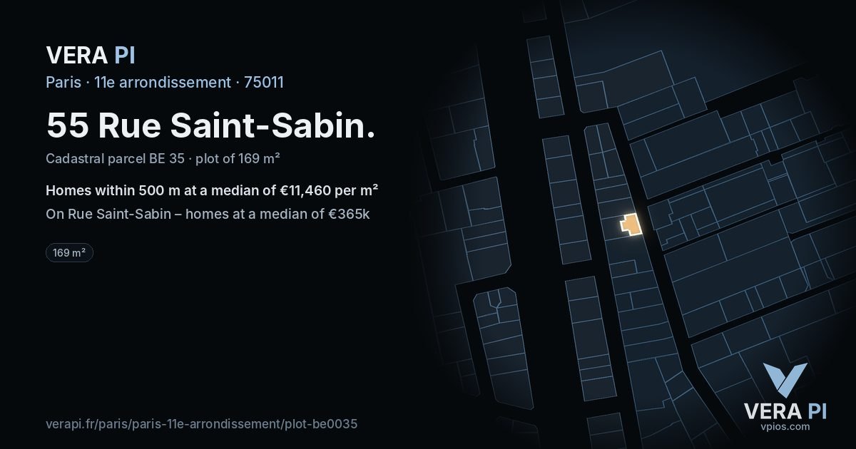 55 Rue Saint-Sabin, 11e arrondissement at night – the plot lit, the parcels around coloured by the prices near them