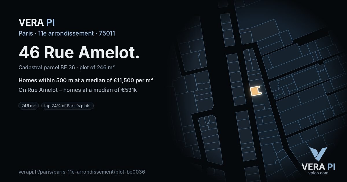 46 Rue Amelot, 11e arrondissement at night – the plot lit, the parcels around coloured by the prices near them