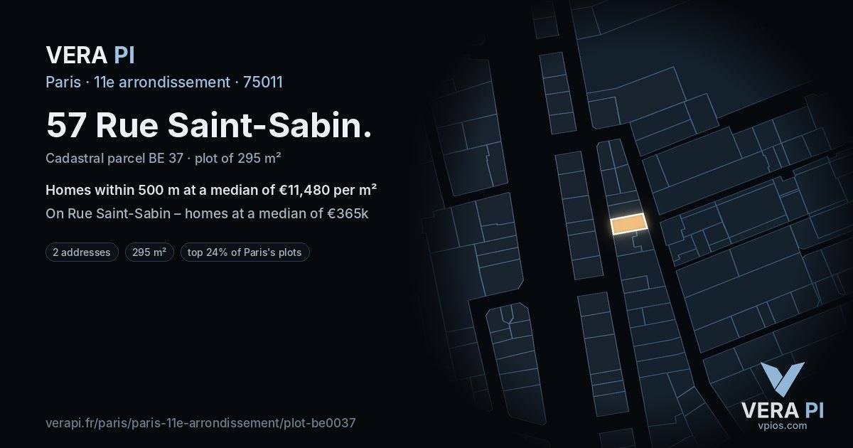 57 Rue Saint-Sabin, 11e arrondissement at night – the plot lit, the parcels around coloured by the prices near them
