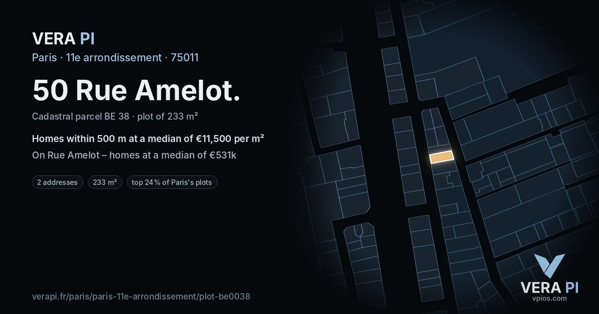 50 Rue Amelot, 11e arrondissement at night – the plot lit, the parcels around coloured by the prices near them