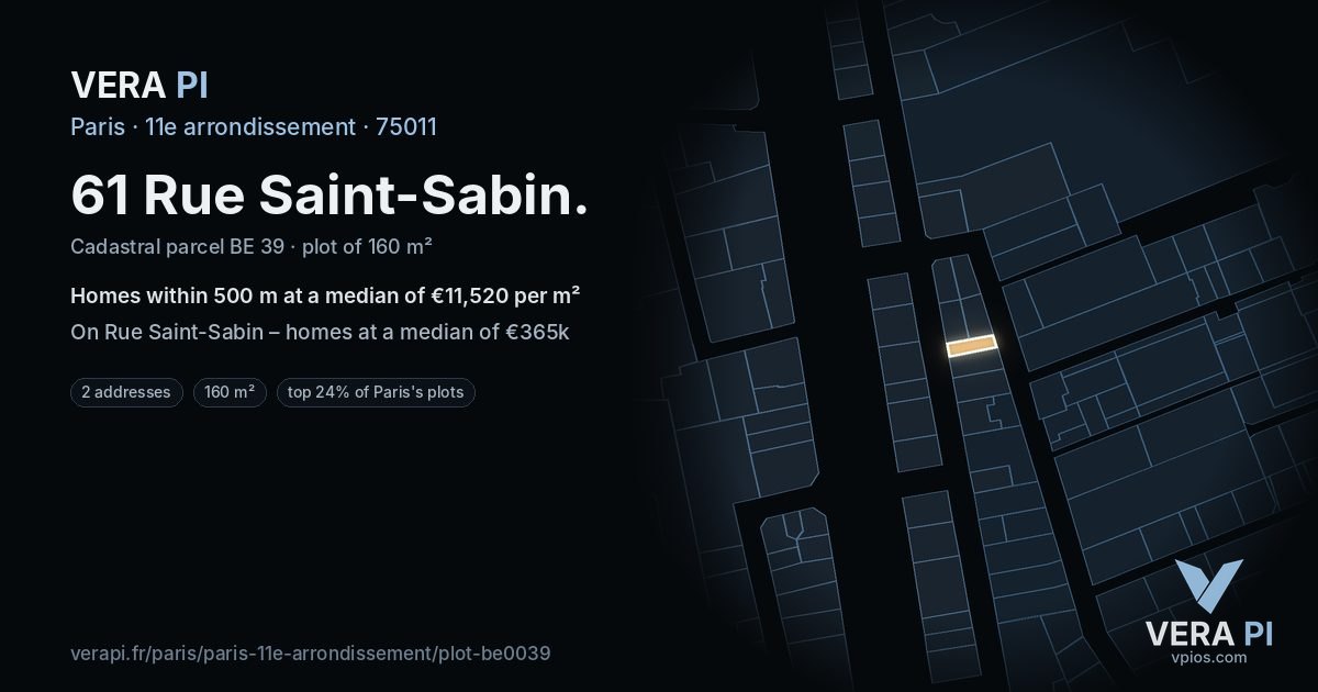61 Rue Saint-Sabin, 11e arrondissement at night – the plot lit, the parcels around coloured by the prices near them