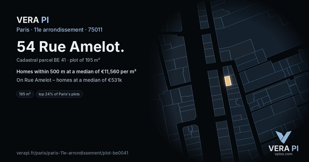 54 Rue Amelot, 11e arrondissement at night – the plot lit, the parcels around coloured by the prices near them