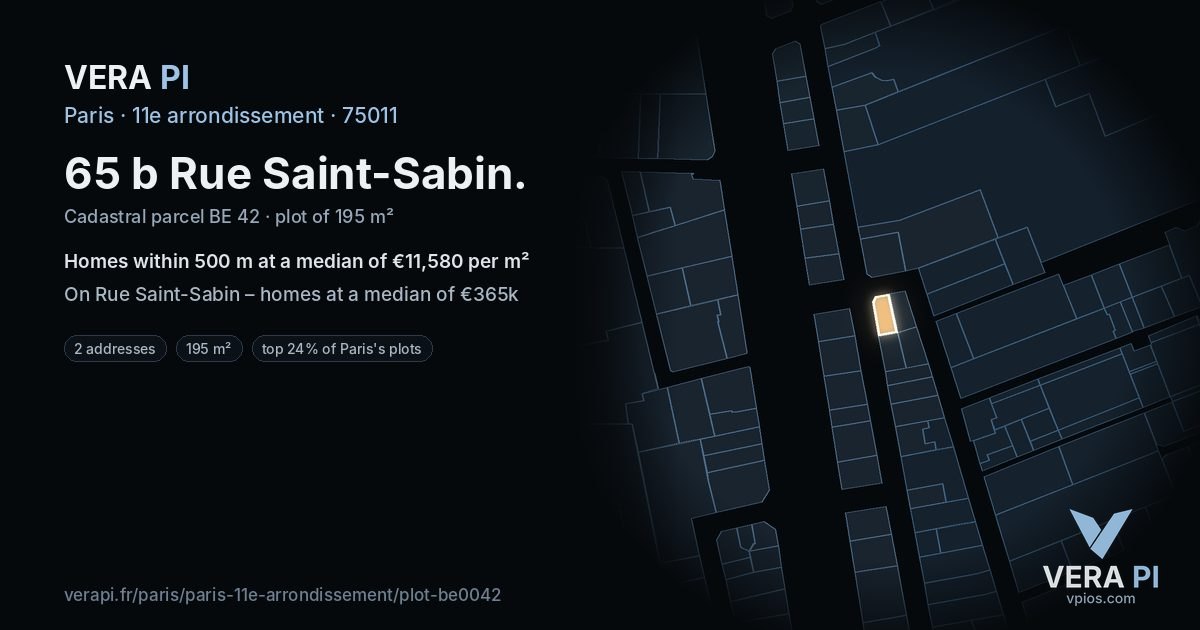 65 b Rue Saint-Sabin, 11e arrondissement at night – the plot lit, the parcels around coloured by the prices near them