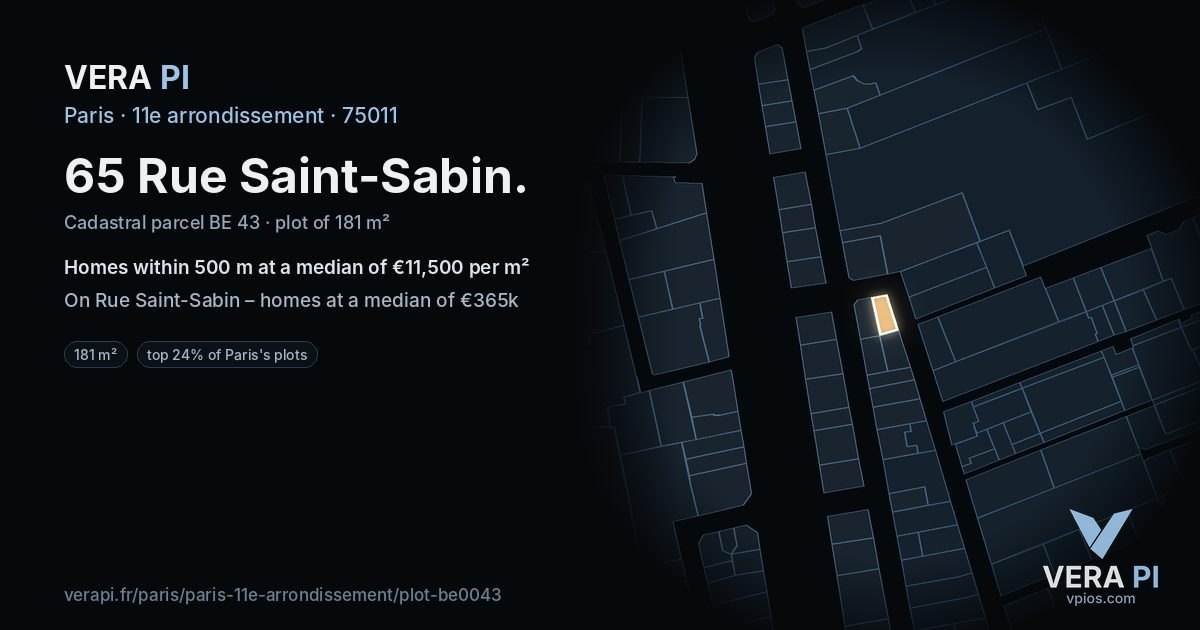 65 Rue Saint-Sabin, 11e arrondissement at night – the plot lit, the parcels around coloured by the prices near them