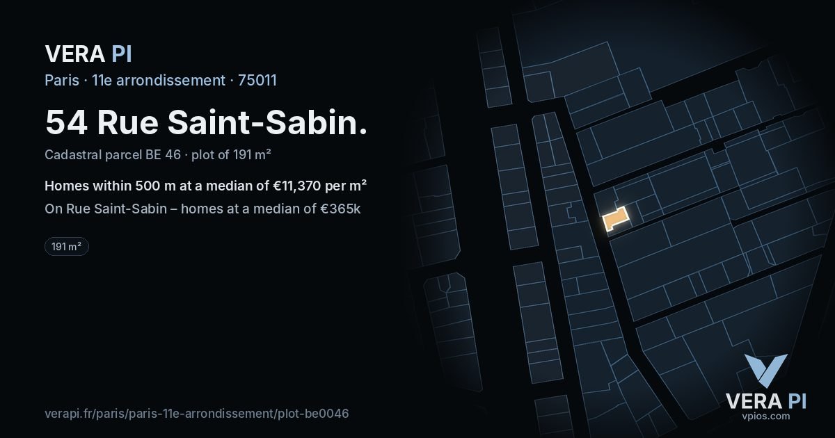 54 Rue Saint-Sabin, 11e arrondissement at night – the plot lit, the parcels around coloured by the prices near them