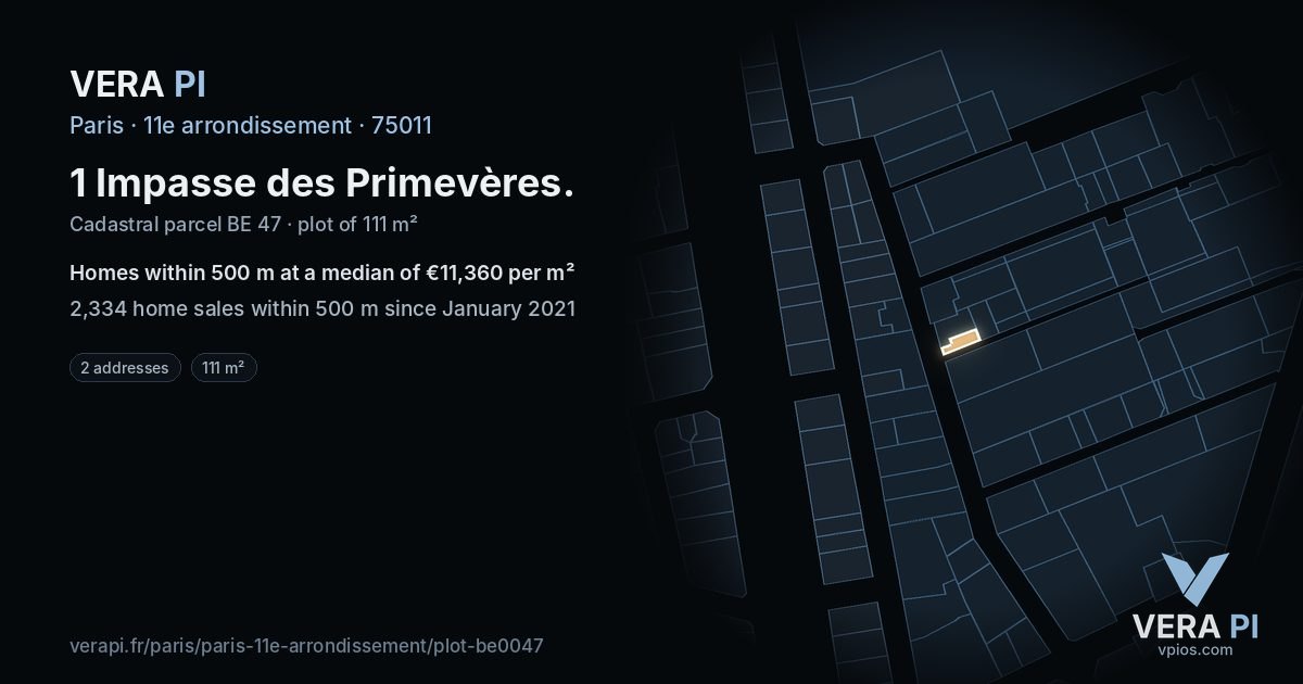 1 Impasse des Primevères, 11e arrondissement at night – the plot lit, the parcels around coloured by the prices near them
