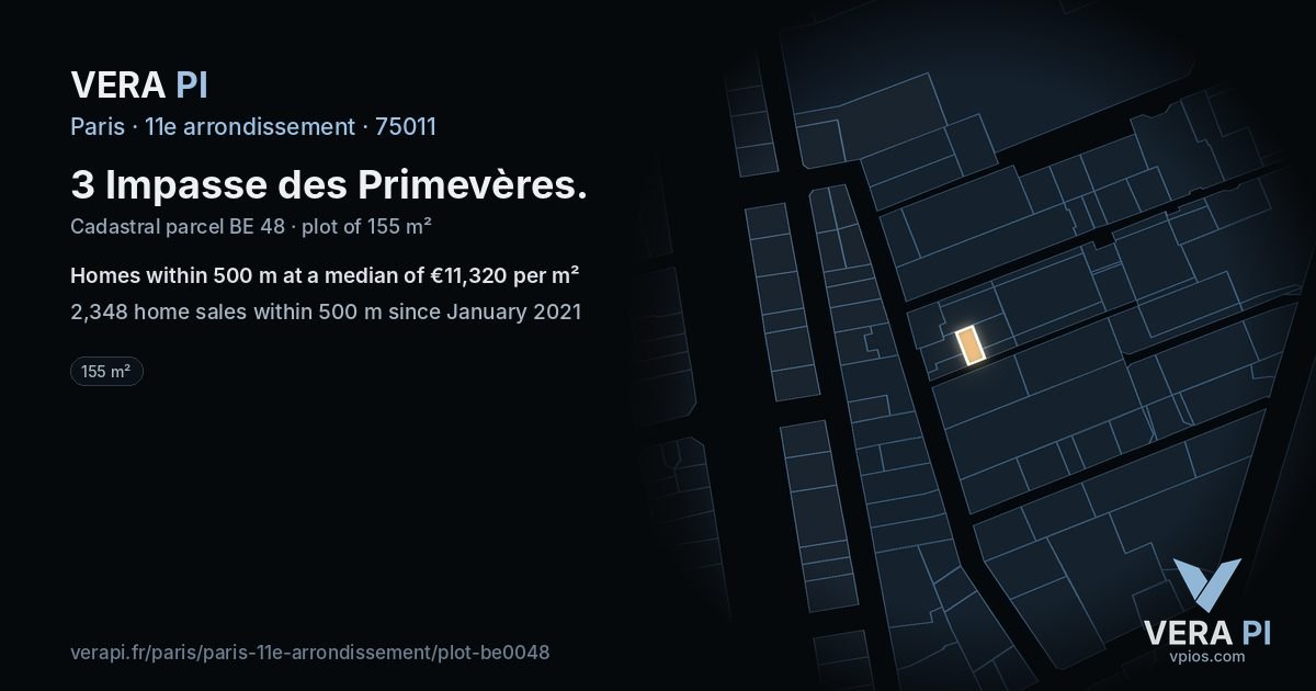 3 Impasse des Primevères, 11e arrondissement at night – the plot lit, the parcels around coloured by the prices near them