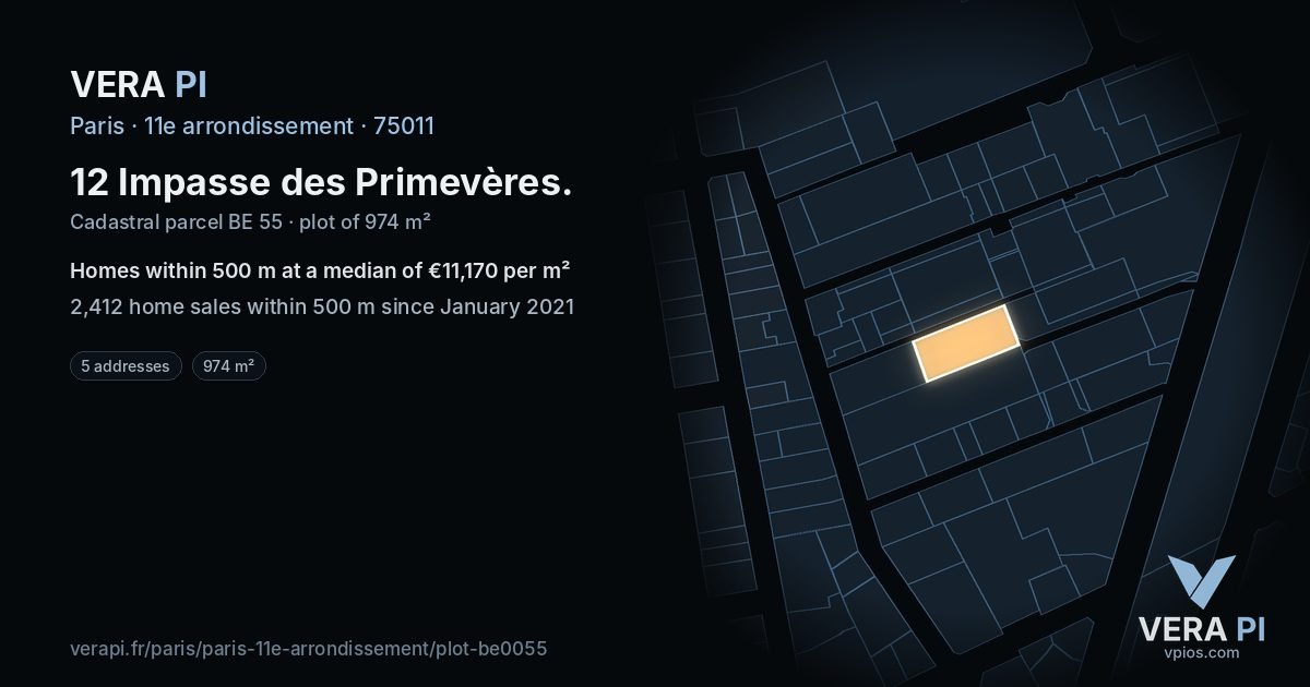 12 Impasse des Primevères, 11e arrondissement at night – the plot lit, the parcels around coloured by the prices near them
