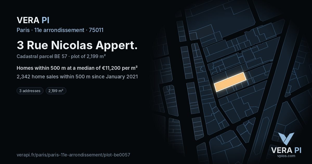 3 Rue Nicolas Appert, 11e arrondissement at night – the plot lit, the parcels around coloured by the prices near them