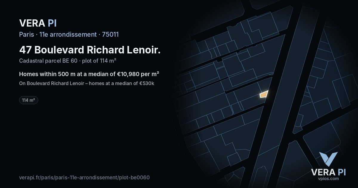 47 Boulevard Richard Lenoir, 11e arrondissement at night – the plot lit, the parcels around coloured by the prices near them