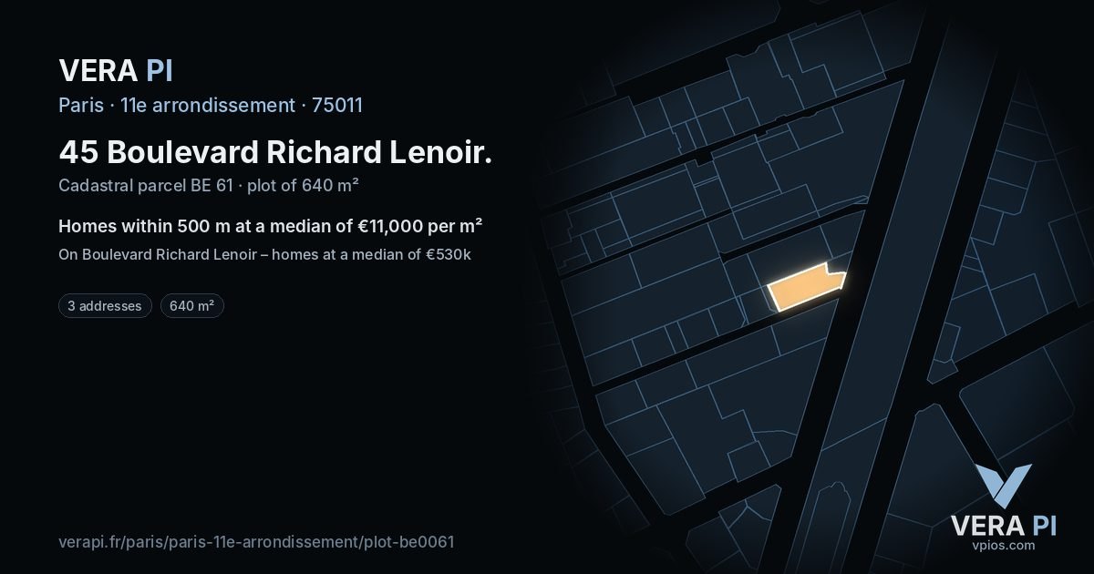 45 Boulevard Richard Lenoir, 11e arrondissement at night – the plot lit, the parcels around coloured by the prices near them