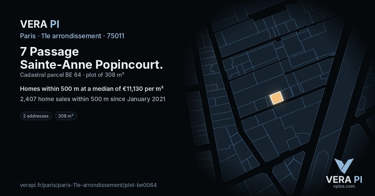 7 Passage Sainte-Anne Popincourt, 11e arrondissement at night – the plot lit, the parcels around coloured by the prices near them