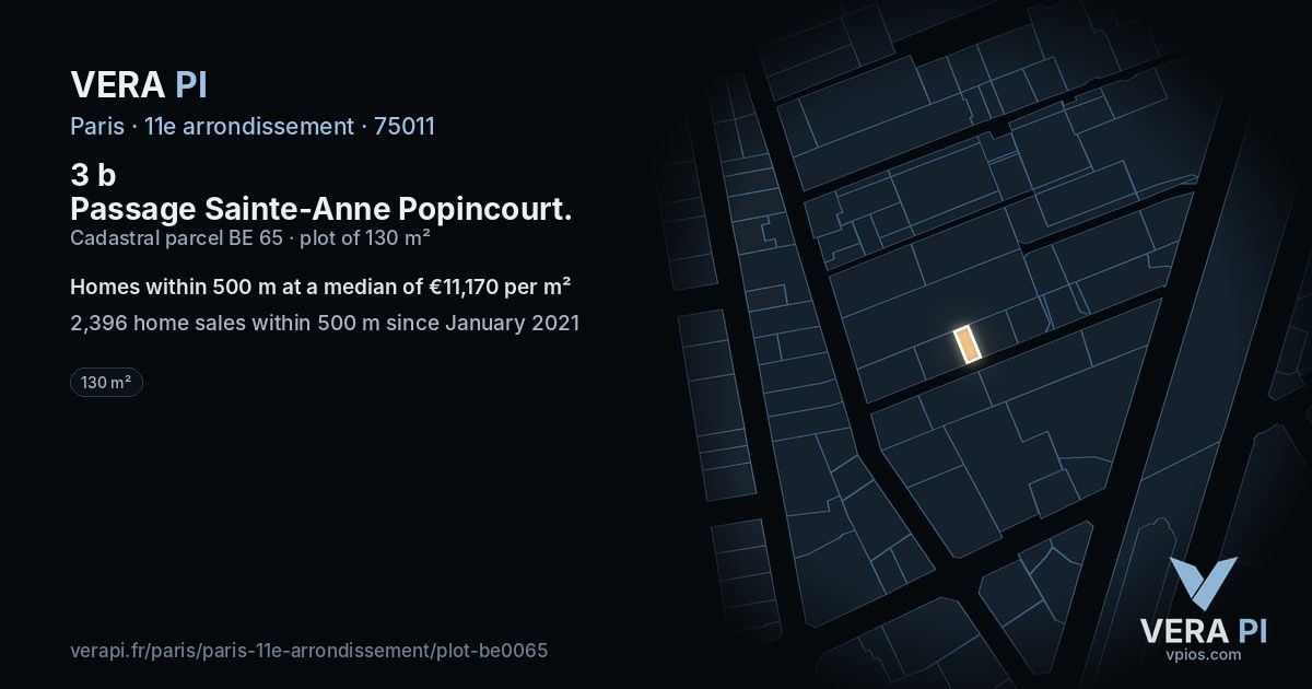 3 b Passage Sainte-Anne Popincourt, 11e arrondissement at night – the plot lit, the parcels around coloured by the prices near them