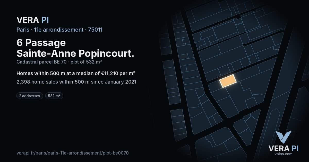 6 Passage Sainte-Anne Popincourt, 11e arrondissement at night – the plot lit, the parcels around coloured by the prices near them