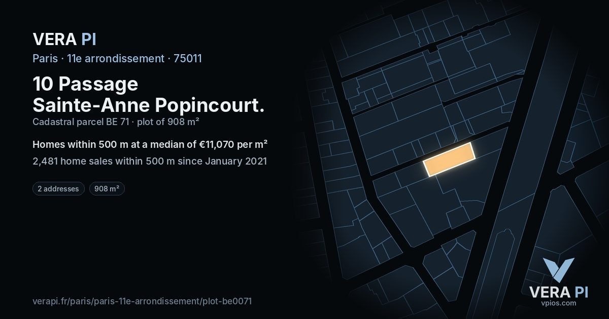 10 Passage Sainte-Anne Popincourt, 11e arrondissement at night – the plot lit, the parcels around coloured by the prices near them