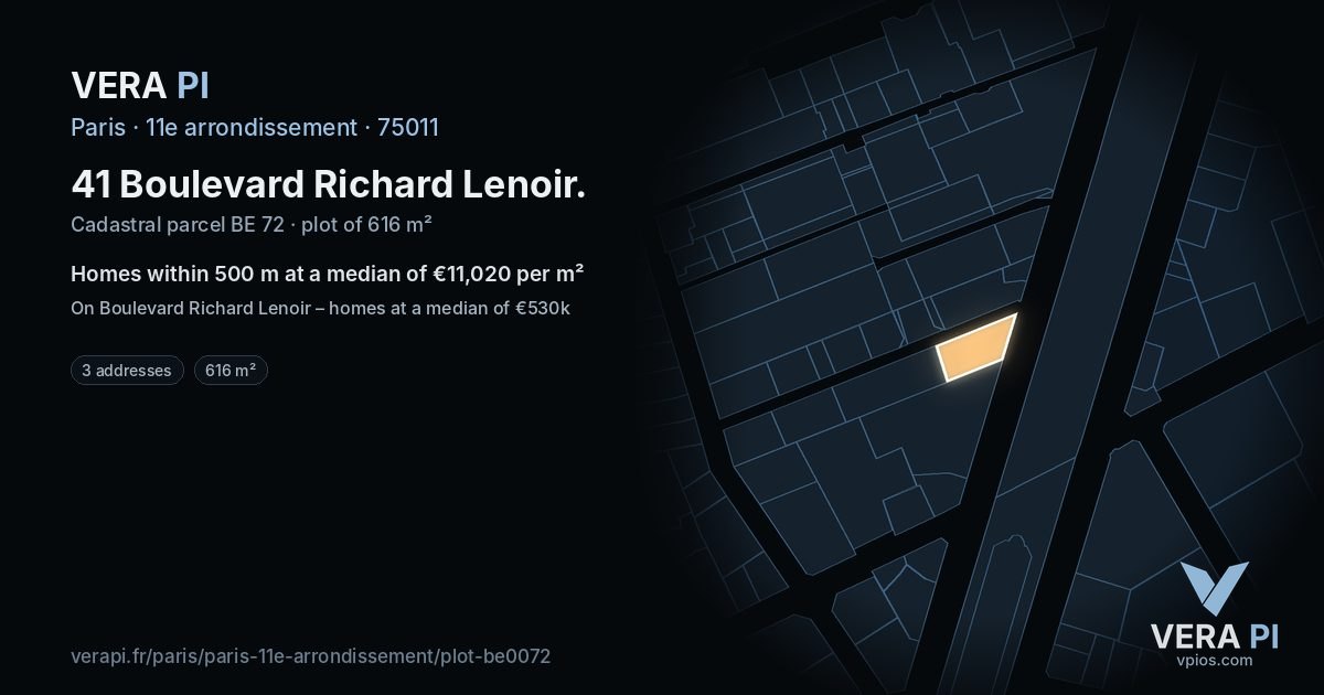 41 Boulevard Richard Lenoir, 11e arrondissement at night – the plot lit, the parcels around coloured by the prices near them