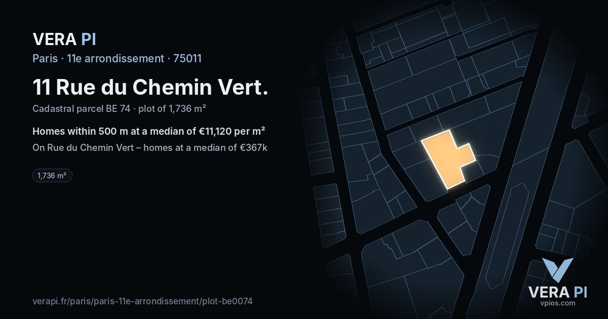 11 Rue du Chemin Vert, 11e arrondissement at night – the plot lit, the parcels around coloured by the prices near them