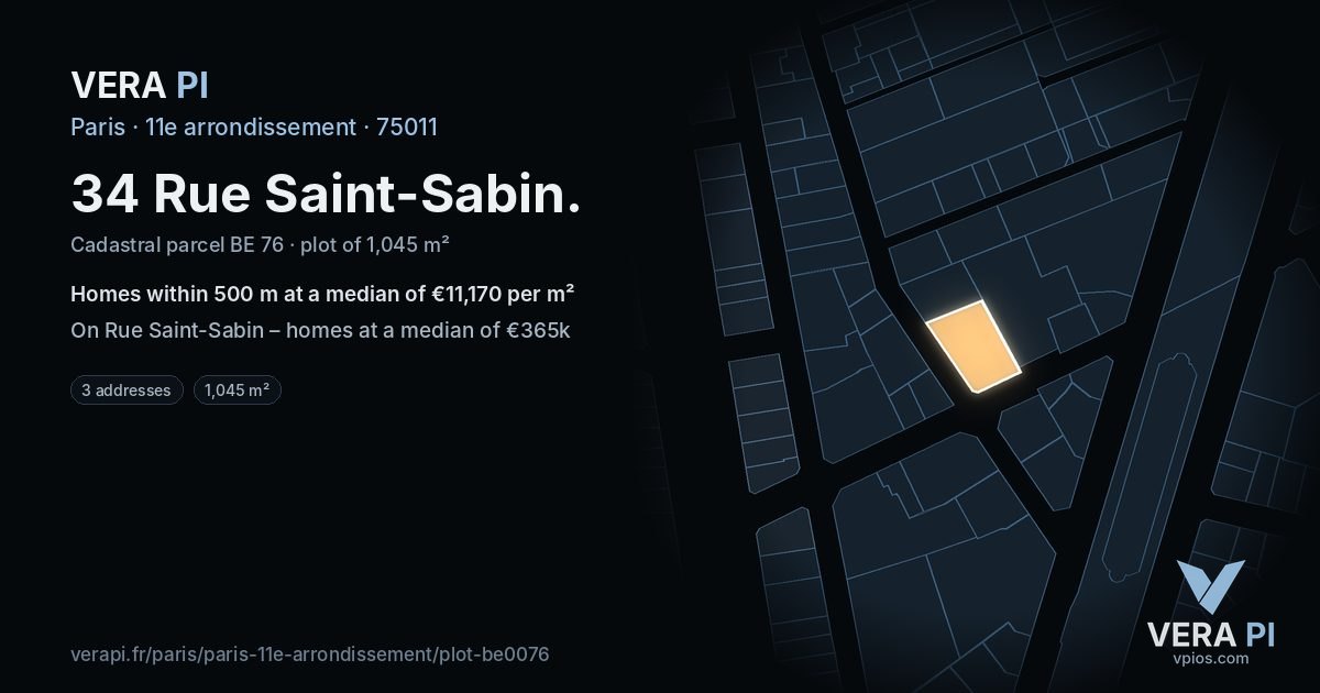 34 Rue Saint-Sabin, 11e arrondissement at night – the plot lit, the parcels around coloured by the prices near them