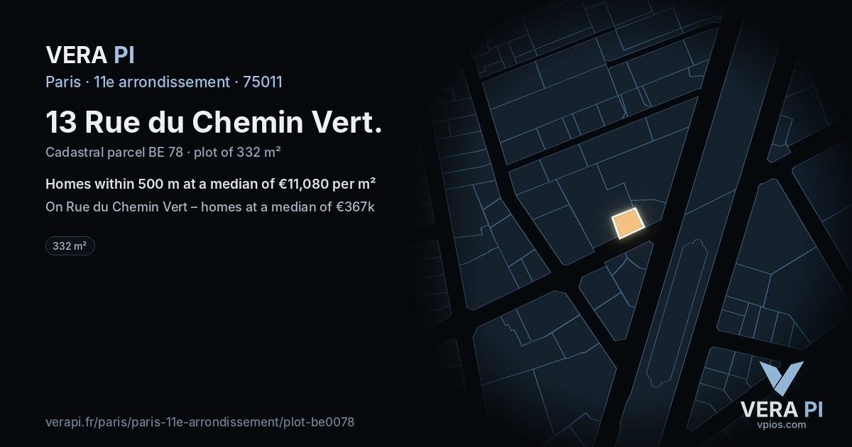 13 Rue du Chemin Vert, 11e arrondissement at night – the plot lit, the parcels around coloured by the prices near them