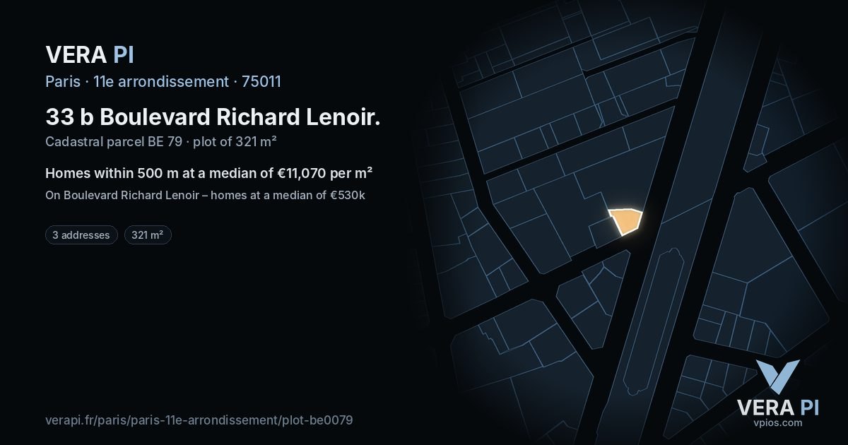 33 b Boulevard Richard Lenoir, 11e arrondissement at night – the plot lit, the parcels around coloured by the prices near them