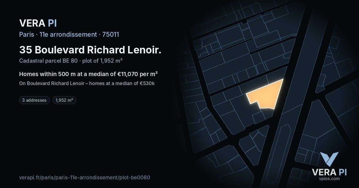 35 Boulevard Richard Lenoir, 11e arrondissement at night – the plot lit, the parcels around coloured by the prices near them