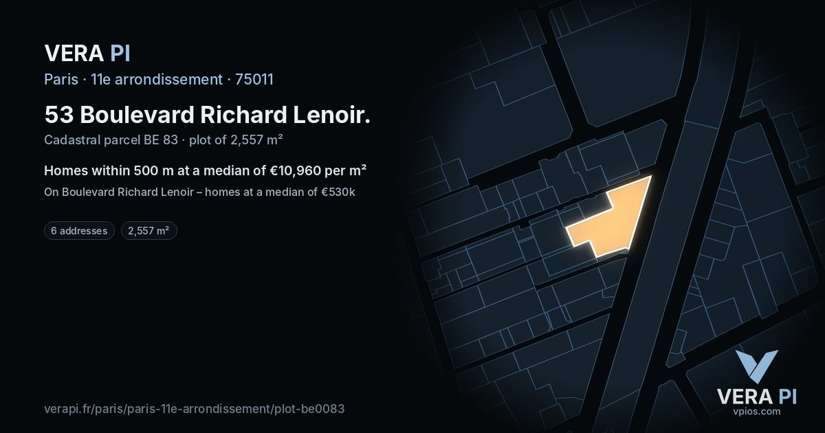 53 Boulevard Richard Lenoir, 11e arrondissement at night – the plot lit, the parcels around coloured by the prices near them