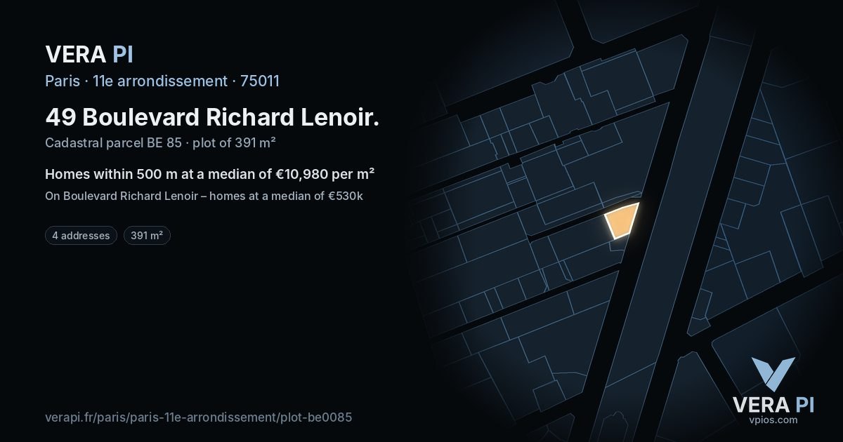 49 Boulevard Richard Lenoir, 11e arrondissement at night – the plot lit, the parcels around coloured by the prices near them