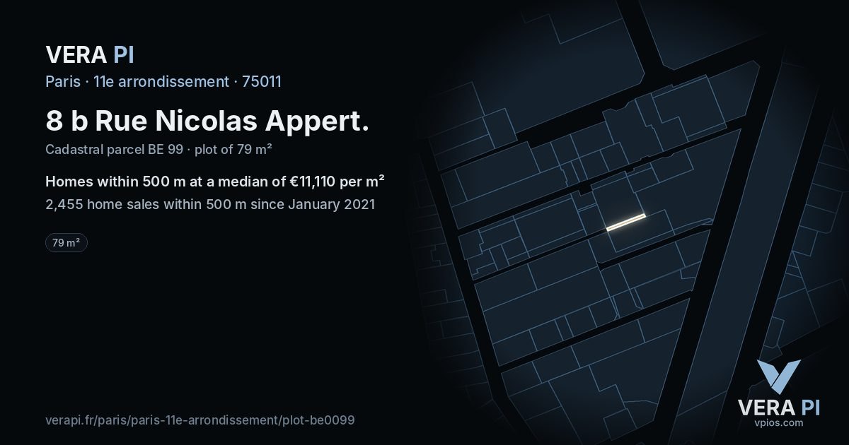 8 b Rue Nicolas Appert, 11e arrondissement at night – the plot lit, the parcels around coloured by the prices near them