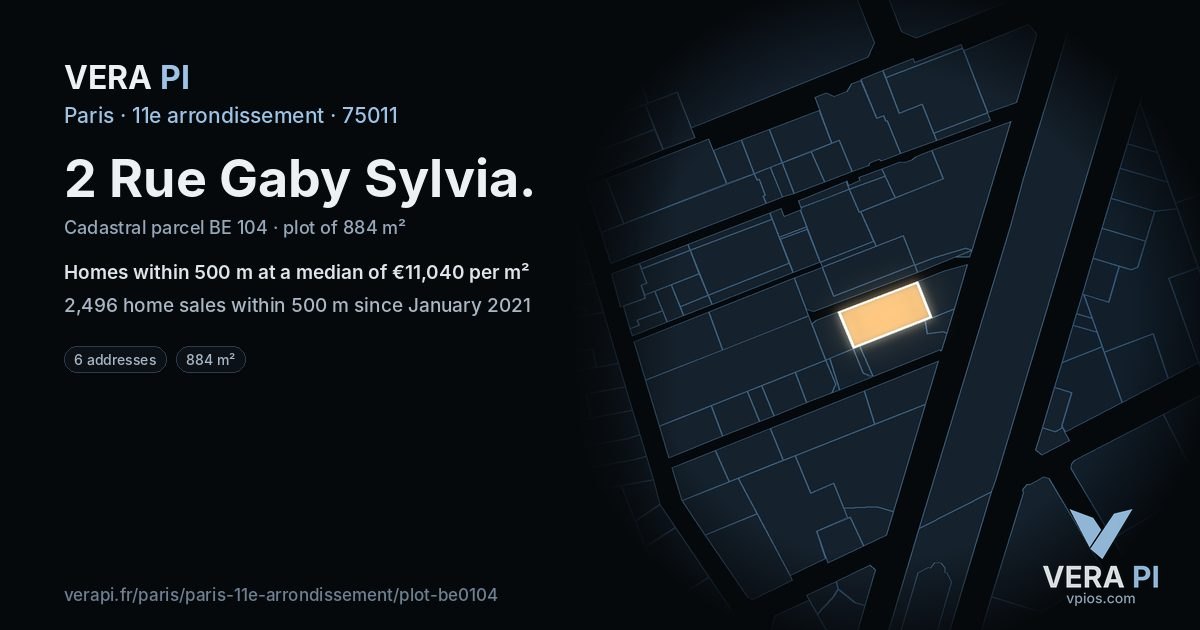 2 Rue Gaby Sylvia, 11e arrondissement at night – the plot lit, the parcels around coloured by the prices near them