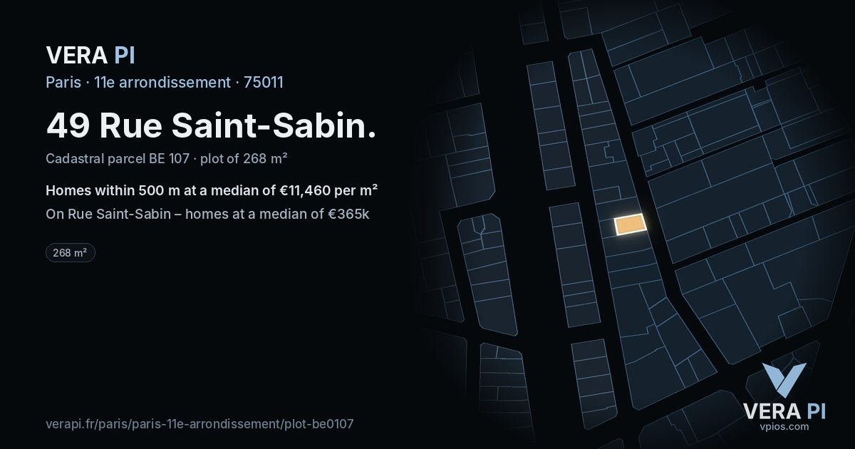 49 Rue Saint-Sabin, 11e arrondissement at night – the plot lit, the parcels around coloured by the prices near them