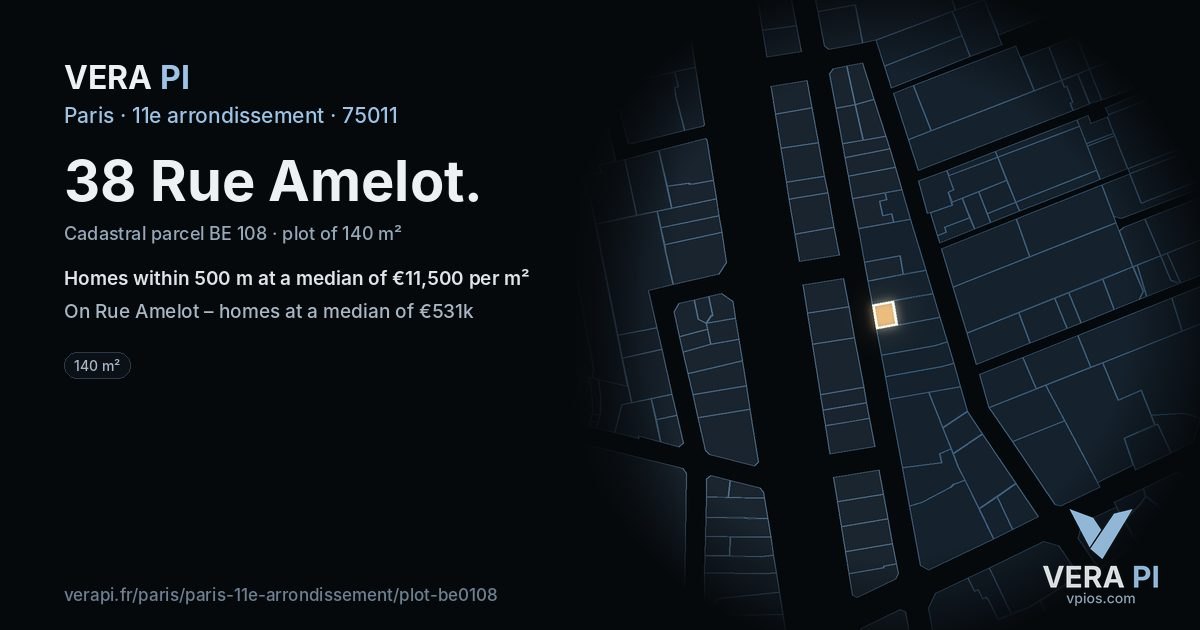 38 Rue Amelot, 11e arrondissement at night – the plot lit, the parcels around coloured by the prices near them