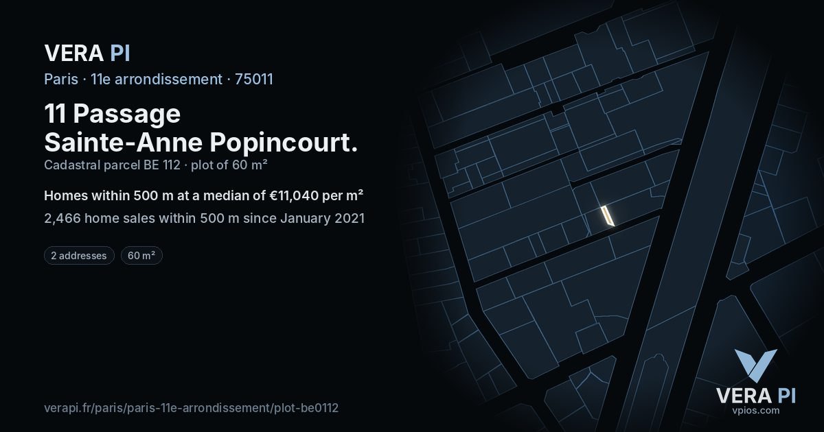 11 Passage Sainte-Anne Popincourt, 11e arrondissement at night – the plot lit, the parcels around coloured by the prices near them