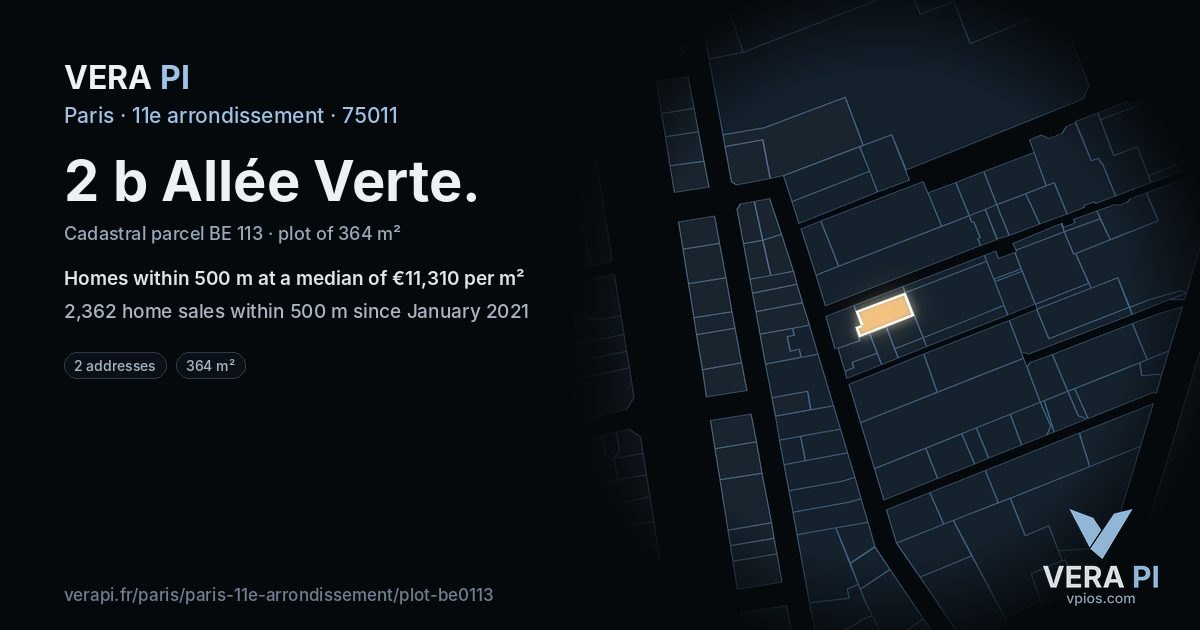 2 b Allée Verte, 11e arrondissement at night – the plot lit, the parcels around coloured by the prices near them