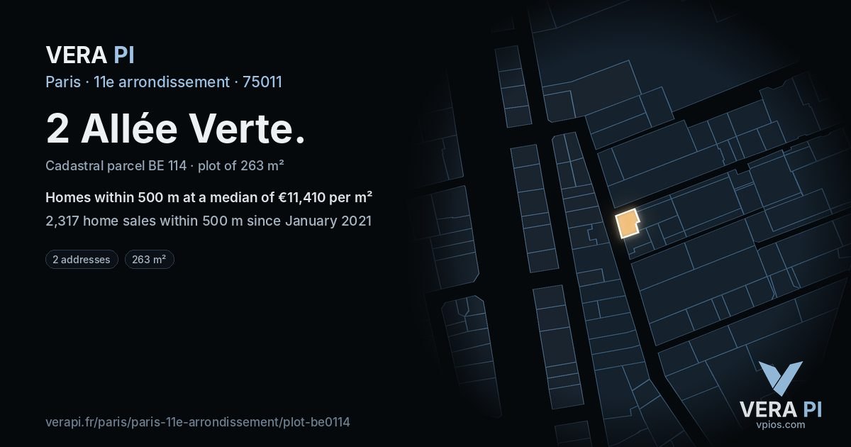2 Allée Verte, 11e arrondissement at night – the plot lit, the parcels around coloured by the prices near them