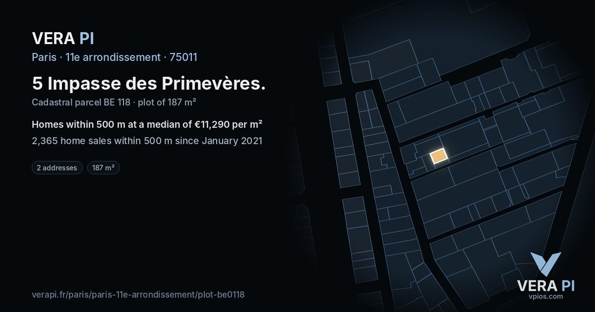 5 Impasse des Primevères, 11e arrondissement at night – the plot lit, the parcels around coloured by the prices near them
