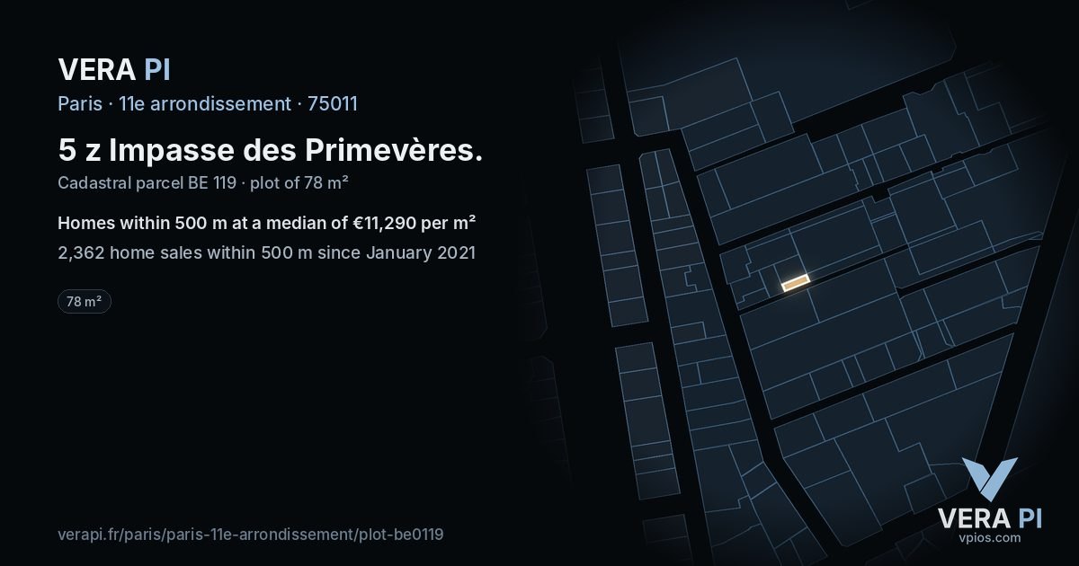 5 z Impasse des Primevères, 11e arrondissement at night – the plot lit, the parcels around coloured by the prices near them