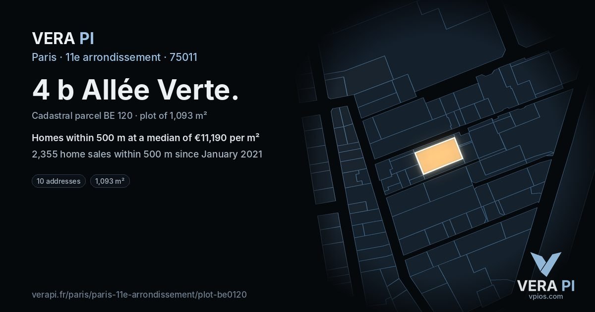 4 b Allée Verte, 11e arrondissement at night – the plot lit, the parcels around coloured by the prices near them