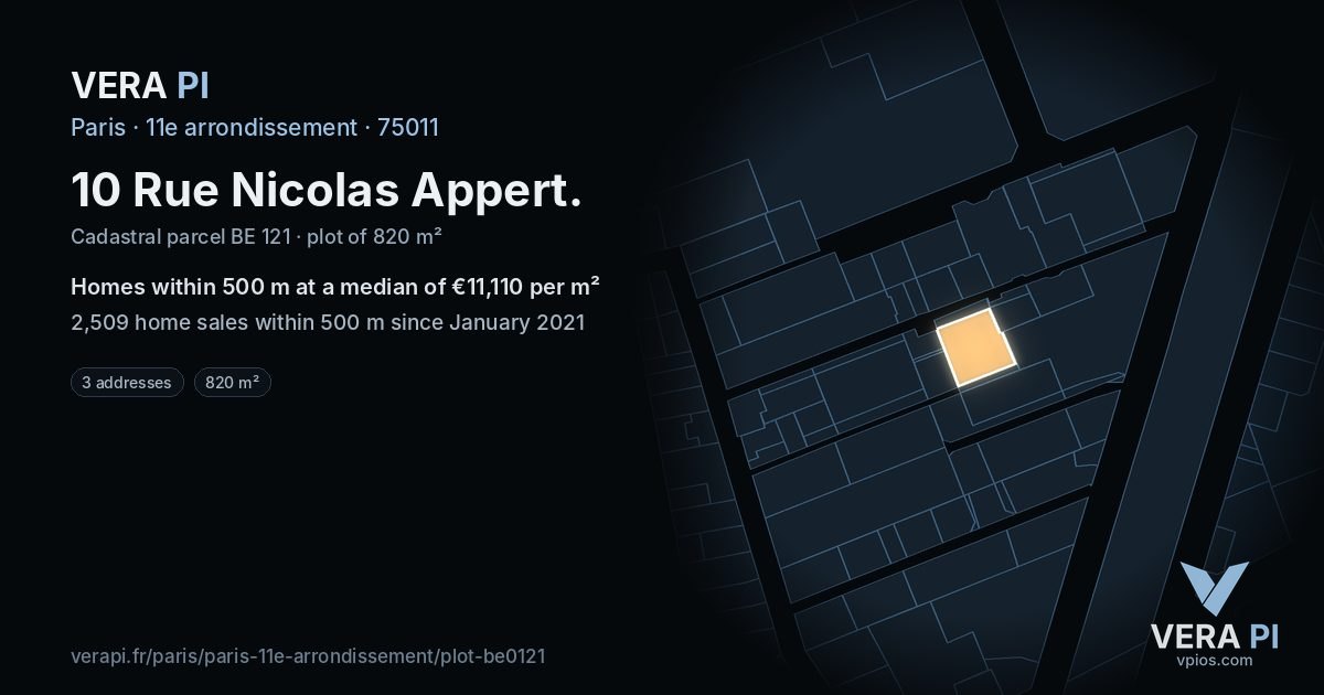 10 Rue Nicolas Appert, 11e arrondissement at night – the plot lit, the parcels around coloured by the prices near them