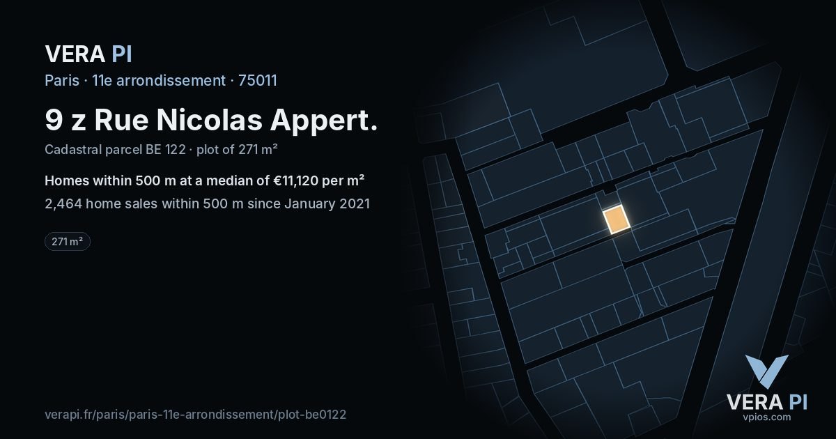 9 z Rue Nicolas Appert, 11e arrondissement at night – the plot lit, the parcels around coloured by the prices near them