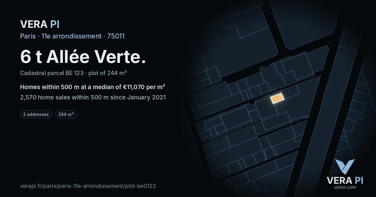 6 t Allée Verte, 11e arrondissement at night – the plot lit, the parcels around coloured by the prices near them
